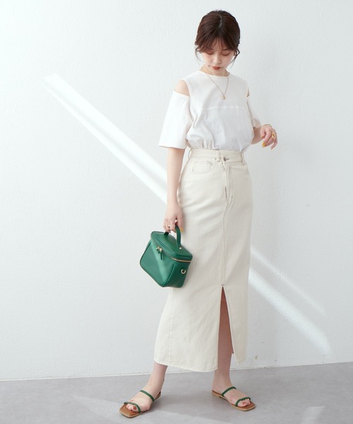 natural couture(ナチュラルクチュール)の「アシメあきフロントスリットナロースカート(スカート・レディース・アイボリー/ピンク/サックスブルー/ブラック/インディゴブルー・FREE)」の8枚目の写真