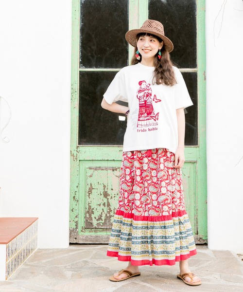 チャイハネ（チャイハネ）の「【チャイハネ】ディディサブロックプリントティアードスカート（スカート・レディース・ホワイト/レッド/ブルー・FREE）」の7枚目の写真