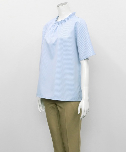 TOKYO SHIRTS（トウキョウシャツ）の「スタンドカラー フリル付き五分袖カジュアルシャツ（シャツ/ブラウス・レディース・ホワイト/サックスブルー・M/L）」の13枚目の写真