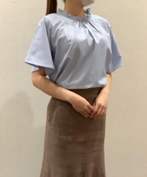 TOKYO SHIRTS（トウキョウシャツ）の「スタンドカラー フリル付き五分袖カジュアルシャツ（シャツ/ブラウス・レディース・ホワイト/サックスブルー・M/L）」の9枚目の写真