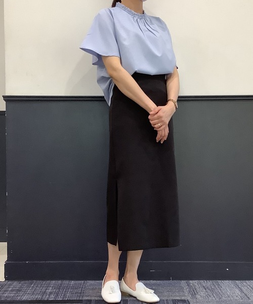 TOKYO SHIRTS（トウキョウシャツ）の「スタンドカラー フリル付き五分袖カジュアルシャツ（シャツ/ブラウス・レディース・ホワイト/サックスブルー・M/L）」の8枚目の写真