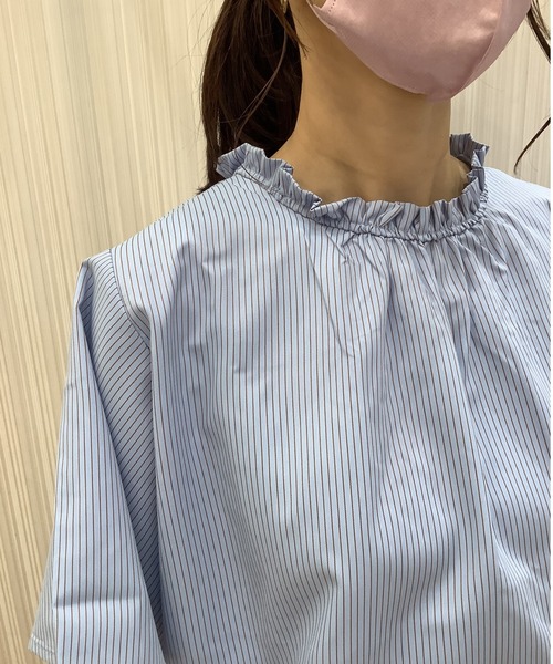 TOKYO SHIRTS（トウキョウシャツ）の「スタンドカラー フリル付き五分袖カジュアルシャツ（シャツ/ブラウス・レディース・ホワイト/サックスブルー・M/L）」の6枚目の写真