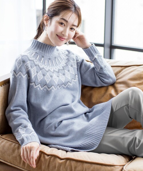 ✨45R✨ ウール100%総柄✨長めニット チュニック✨ノルディック柄S〜M セール】【洗える】ノルディック柄ニットチュニック（チュニック