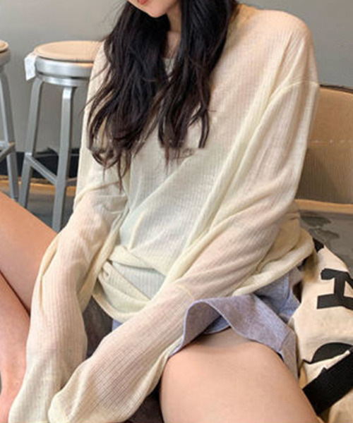 c.u.l(シーユーエル)の「シアーリブニット 長袖トップス culw269(Tシャツ/カットソー・レディース・ブルー/アイボリー/ピンク・FREE)」の1枚目の写真
