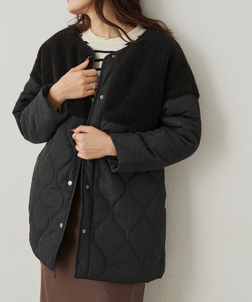 CLEARIMPRESSION （クリアインプレッション）の「ボア切替ノーカラーキルティングジャケット（ブルゾン・レディース・グレイッシュベージュ/ブラック・FREE）」の2枚目の写真