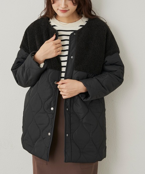 CLEARIMPRESSION （クリアインプレッション）の「ボア切替ノーカラーキルティングジャケット（ブルゾン・レディース・グレイッシュベージュ/ブラック・FREE）」の4枚目の写真