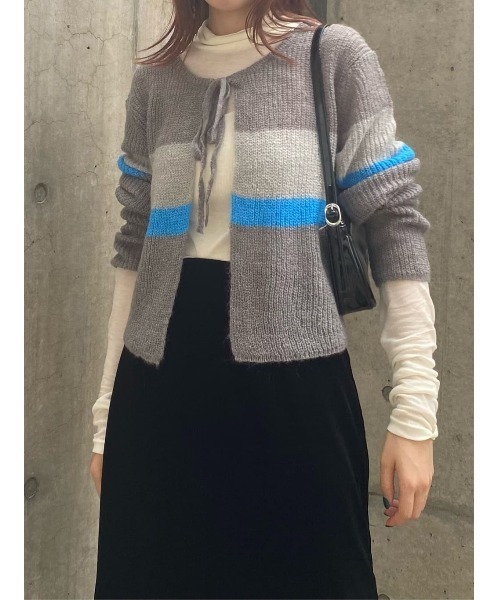 MOUSSY（マウジー）の「FRONT TIE MULTI BORDER カーディガン（カーディガン/ボレロ・レディース・チャコールグレー/キナリ/ブラウン・FREE）」の16枚目の写真