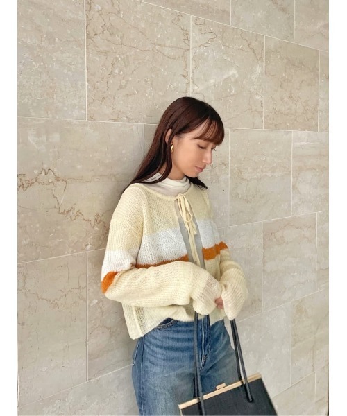 MOUSSY（マウジー）の「FRONT TIE MULTI BORDER カーディガン（カーディガン/ボレロ・レディース・チャコールグレー/キナリ/ブラウン・FREE）」の18枚目の写真