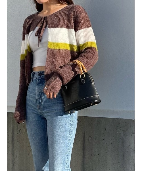 MOUSSY（マウジー）の「FRONT TIE MULTI BORDER カーディガン（カーディガン/ボレロ・レディース・チャコールグレー/キナリ/ブラウン・FREE）」の19枚目の写真