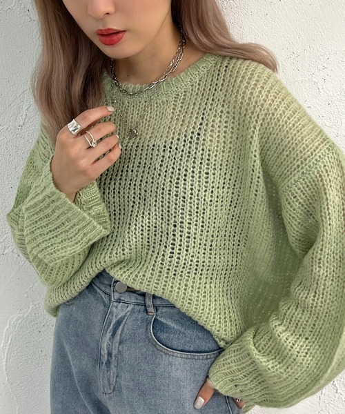 apres jour mignon（アプレジュールミニョン）の「モヘアライク透かしニット【ZOZOTOWN限定アイテム】（ニット/セーター・レディース・ブラック/グリーン/ライトベージュ/オレンジ・X-LARGE/フリー）」の4枚目の写真