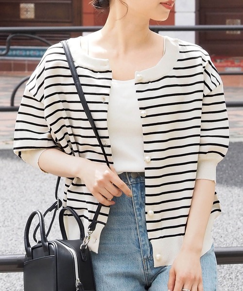 tiptop（ティップトップ）の「【ZOZO限定アイテム】パール釦半袖カーディガン（カーディガン/ボレロ・レディース・ブラック/ホワイト系その他/アイボリー/ライトグリーン/サックスブルー/レッド・FREE）」の12枚目の写真