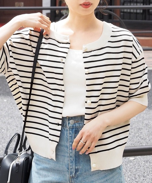 36サイズ♡定番大人気♡ パールボタン半袖ニットカーディガン 楽天市場】ニットトップス トップス パールボタン カーディガン