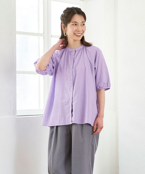 TOKYO SHIRTS（トウキョウシャツ）の「綿麻 バンドカラー ラグラン袖カジュアルシャツ（シャツ/ブラウス・レディース・サックスブルー/ラベンダー・M/L）」の2枚目の写真
