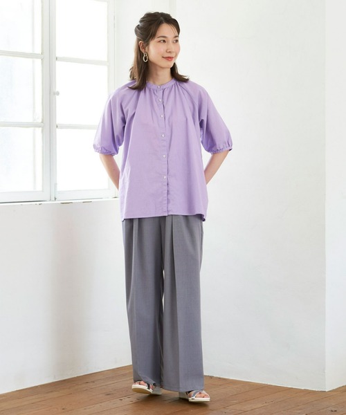 美品♡ ドゥロワー バンドカラーシャツ 春色 ブルー コットン 36 TOKYO SHIRTS（トウキョウシャツ）の「綿麻 バンドカラー