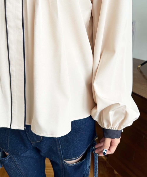 セール】フロントタックバイカラーデザイン長袖ブラウス（シャツ