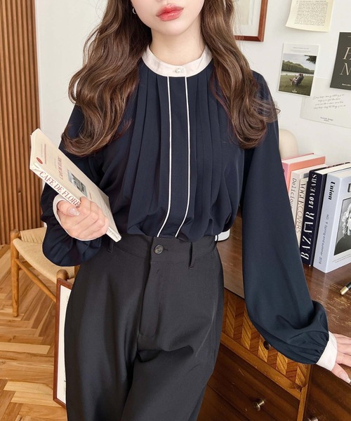 セール】フロントタックバイカラーデザインブラウス（シャツ/ブラウス
