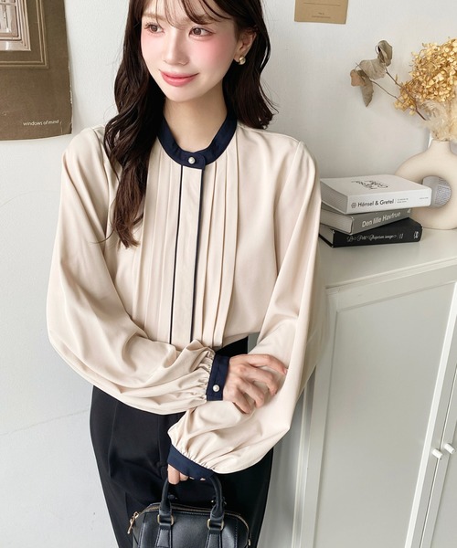 セール】フロントタックバイカラーデザインブラウス（シャツ/ブラウス