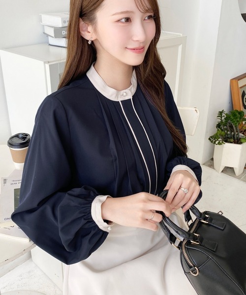 セール】フロントタックバイカラーデザインブラウス（シャツ/ブラウス