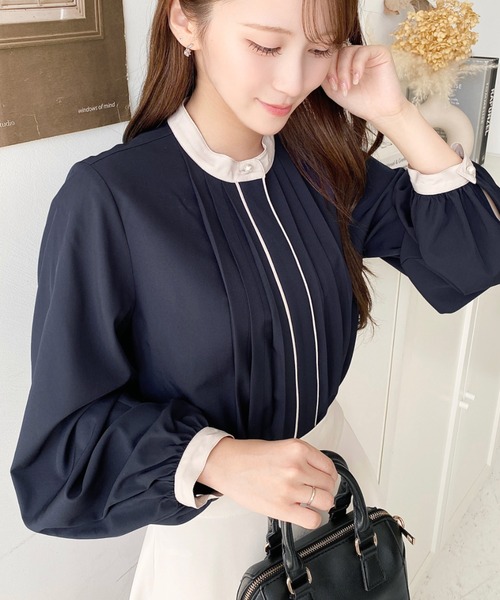 セール】フロントタックバイカラーデザインブラウス（シャツ