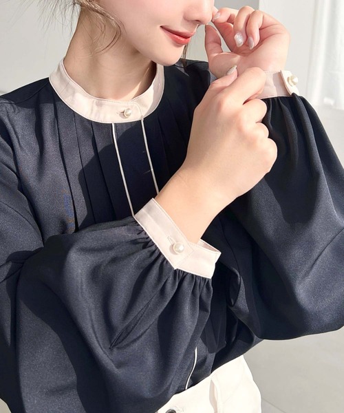 着画あり♡ 新品タグ付き チェックドット ブラウス 金ボタン バイカラー タック使いチェック柄ブラウス - ベルーナ【公式】