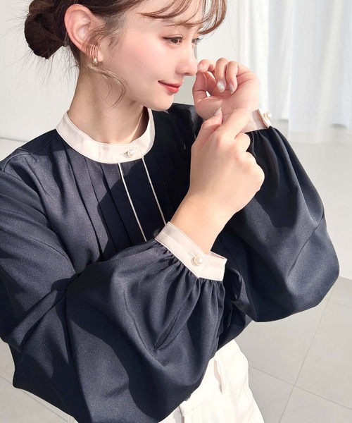 セール】フロントタックバイカラーデザイン長袖ブラウス（シャツ