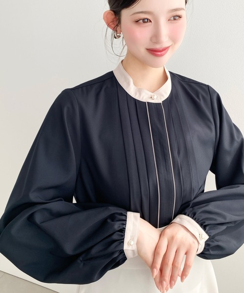 【きわみん】センソユニコ　長袖ブラウス　スタンドカラー　 M フロント変形 セール】フロントタックバイカラーデザイン長袖ブラウス（シャツ