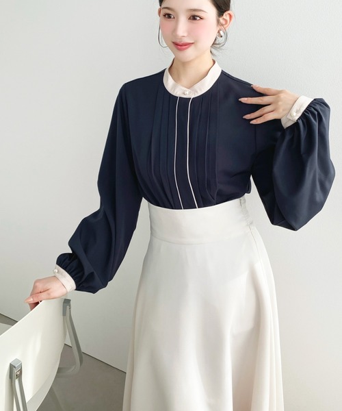 セール】フロントタックバイカラーデザイン長袖ブラウス（シャツ