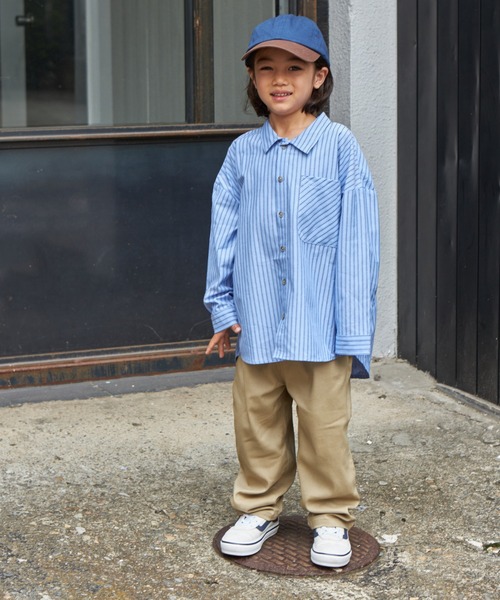 PAIRMANON STREET（ペアマノンストリート）の「【PAIRMANON STREET】ストライプ ルーズ シャツ バイアス ポケット（シャツ/ブラウス・キッズ・ブルー/ネイビー/ベージュ・140/110/90/130/150/120/100）」の9枚目の写真