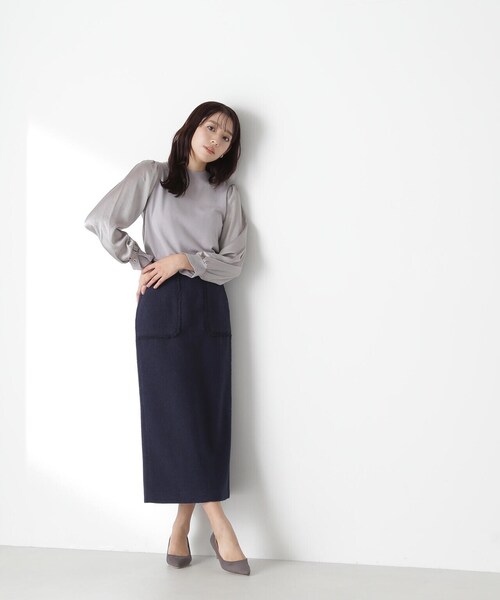 NATURAL BEAUTY BASIC（ナチュラルビューティーベーシック）の「◇アウトポケットツイードナロースカート（スカート・レディース・ブルー/オフホワイト/ネイビー・MEDIUM/SMALL）」の2枚目の写真