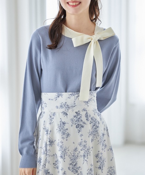 tocco closet（トッコ　クローゼット）の「配色リボンネックプルオーバー（Tシャツ/カットソー・レディース・ブラック/オフホワイト/ピンクベージュ/ブルー・M）」の4枚目の写真