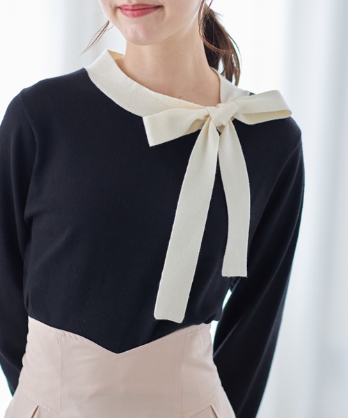 tocco closet（トッコ　クローゼット）の「配色リボンネックプルオーバー（Tシャツ/カットソー・レディース・ブラック/オフホワイト/ピンクベージュ/ブルー・M）」の11枚目の写真