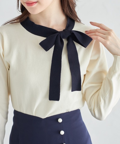 tocco closet（トッコ　クローゼット）の「配色リボンネックプルオーバー（Tシャツ/カットソー・レディース・ブラック/オフホワイト/ピンクベージュ/ブルー・M）」の8枚目の写真