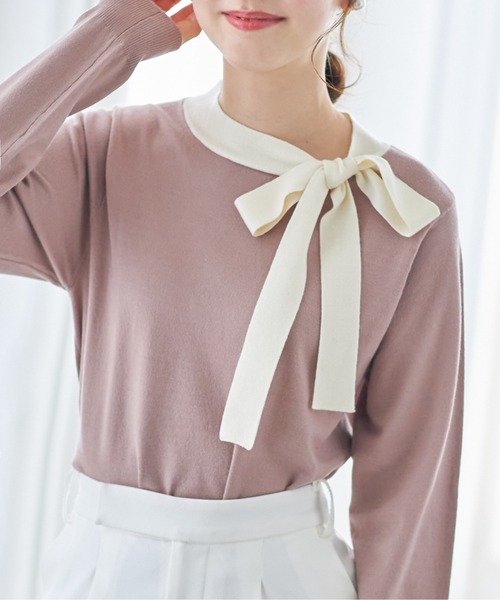 tocco closet（トッコ　クローゼット）の「配色リボンネックプルオーバー（Tシャツ/カットソー・レディース・ブラック/オフホワイト/ピンクベージュ/ブルー・M）」の16枚目の写真
