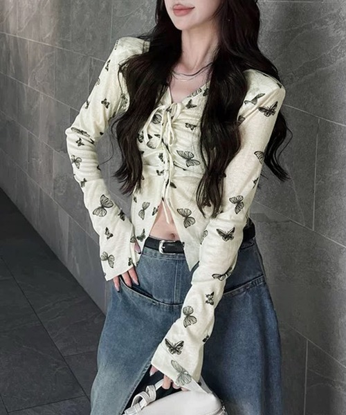 Sibra(シブラ)の「ギャザーリボントップス(Tシャツ/カットソー・レディース・ホワイト/グレー・M)」の3枚目の写真