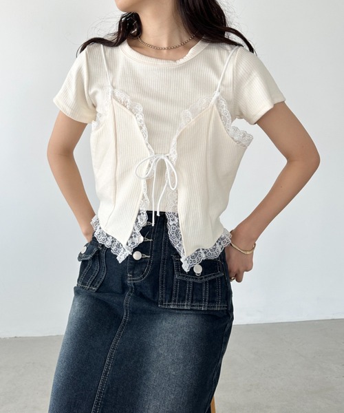 CLEA（クレア）の「【2点SET】リボンレースビスチェレイヤード半袖トップス（Tシャツ/カットソー・レディース・ホワイト/アイボリー/グレー・FREE）」の3枚目の写真