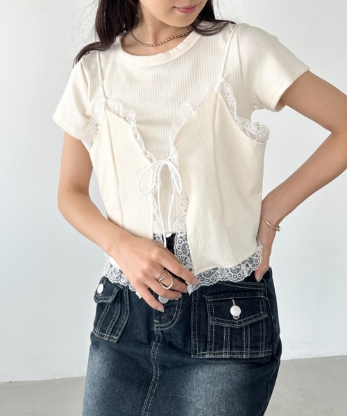 CLEA（クレア）の「【2点SET】リボンレースビスチェレイヤード半袖トップス（Tシャツ/カットソー・レディース・ホワイト/アイボリー/グレー・FREE）」の22枚目の写真