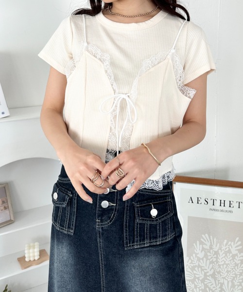 CLEA（クレア）の「【2点SET】リボンレースビスチェレイヤード半袖トップス（Tシャツ/カットソー・レディース・ホワイト/アイボリー/グレー・FREE）」の21枚目の写真