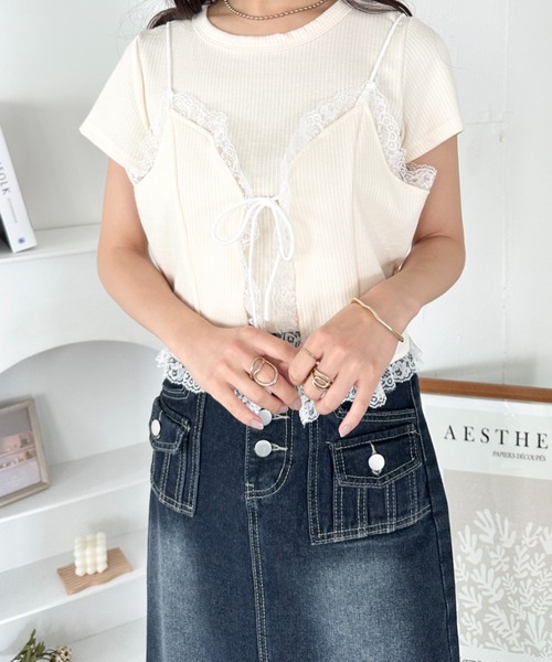CLEA（クレア）の「【2点SET】リボンレースビスチェレイヤード半袖トップス（Tシャツ/カットソー・レディース・ホワイト/アイボリー/グレー・FREE）」の20枚目の写真