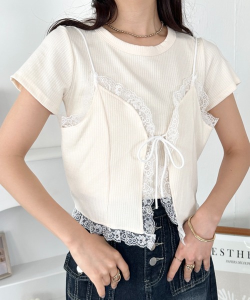 CLEA（クレア）の「【2点SET】リボンレースビスチェレイヤード半袖トップス（Tシャツ/カットソー・レディース・ホワイト/アイボリー/グレー・FREE）」の19枚目の写真