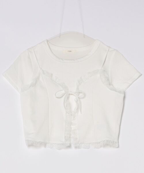 CLEA（クレア）の「【2点SET】リボンレースビスチェレイヤード半袖トップス（Tシャツ/カットソー・レディース・ホワイト/アイボリー/グレー・FREE）」の4枚目の写真