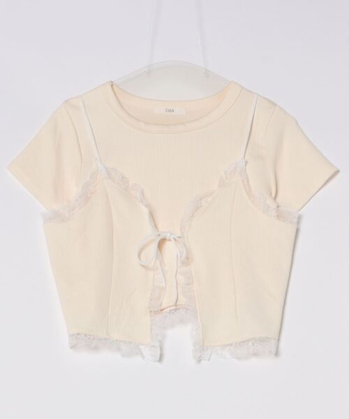 CLEA（クレア）の「【2点SET】リボンレースビスチェレイヤード半袖トップス（Tシャツ/カットソー・レディース・ホワイト/アイボリー/グレー・FREE）」の5枚目の写真