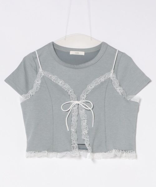 CLEA（クレア）の「【2点SET】リボンレースビスチェレイヤード半袖トップス（Tシャツ/カットソー・レディース・ホワイト/アイボリー/グレー・FREE）」の6枚目の写真
