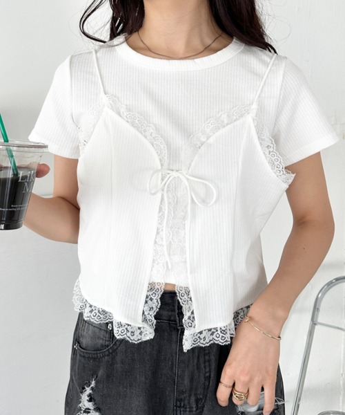 CLEA（クレア）の「【2点SET】リボンレースビスチェレイヤード半袖トップス（Tシャツ/カットソー・レディース・ホワイト/アイボリー/グレー・FREE）」の10枚目の写真