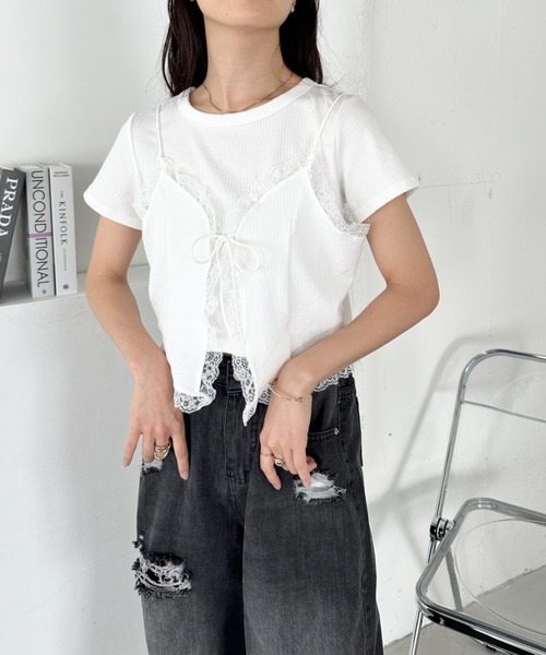 CLEA（クレア）の「【2点SET】リボンレースビスチェレイヤード半袖トップス（Tシャツ/カットソー・レディース・ホワイト/アイボリー/グレー・FREE）」の14枚目の写真