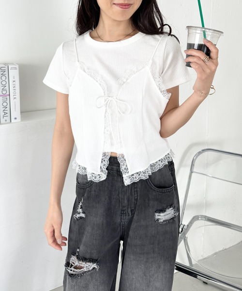 CLEA（クレア）の「【2点SET】リボンレースビスチェレイヤード半袖トップス（Tシャツ/カットソー・レディース・ホワイト/アイボリー/グレー・FREE）」の12枚目の写真