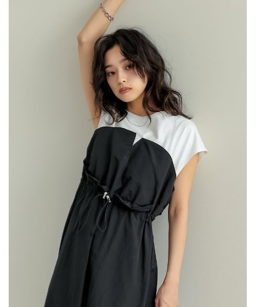 ⭐️新品未使用⭐️ MICALLEフレンチスリーブ異素材ドッキングワンピ Re:EDIT（リエディ）の「[夏の体型カバーに◎][低身長/高身長