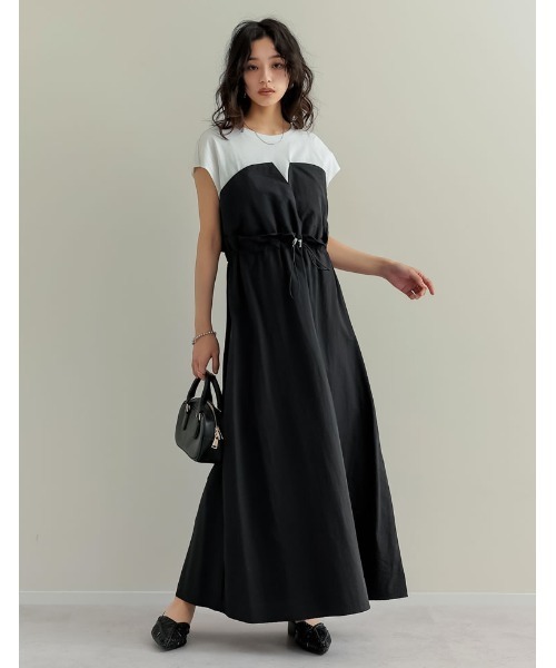 ⭐️新品未使用⭐️ MICALLEフレンチスリーブ異素材ドッキングワンピ Re:EDIT（リエディ）の「[夏の体型カバーに◎][低身長/高身長