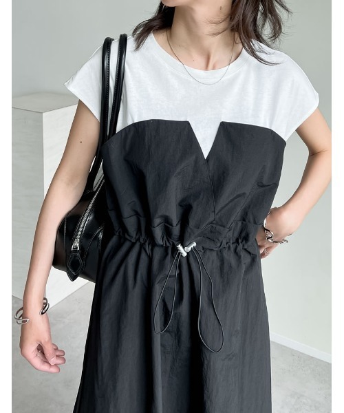 Re:EDIT（リエディ）の「[夏の体型カバーに◎][低身長/高身長サイズ有]フレンチスリーブカットソー切り替えドロストフレアドッキングワンピース（ワンピース・レディース・ホワイト×ブラック/ブラック×ブラック/ブラック系その他・SHORT/MEDIUM/TALL/LARGE）」の17枚目の写真