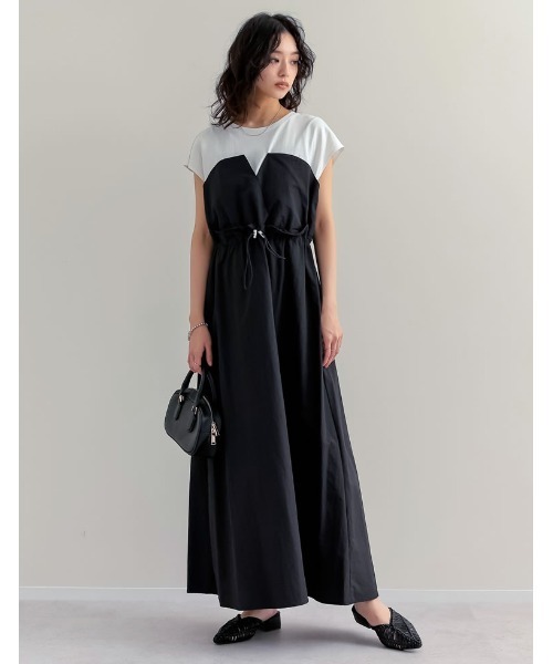 Re:EDIT（リエディ）の「[夏の体型カバーに◎][低身長/高身長サイズ有]フレンチスリーブカットソー切り替えドロストフレアドッキングワンピース（ワンピース・レディース・ホワイト×ブラック/ブラック×ブラック/ブラック系その他・SHORT/MEDIUM/TALL/LARGE）」の10枚目の写真