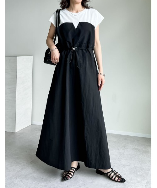 Re:EDIT（リエディ）の「[夏の体型カバーに◎][低身長/高身長サイズ有]フレンチスリーブカットソー切り替えドロストフレアドッキングワンピース（ワンピース・レディース・ホワイト×ブラック/ブラック×ブラック/ブラック系その他・SHORT/MEDIUM/TALL/LARGE）」の16枚目の写真